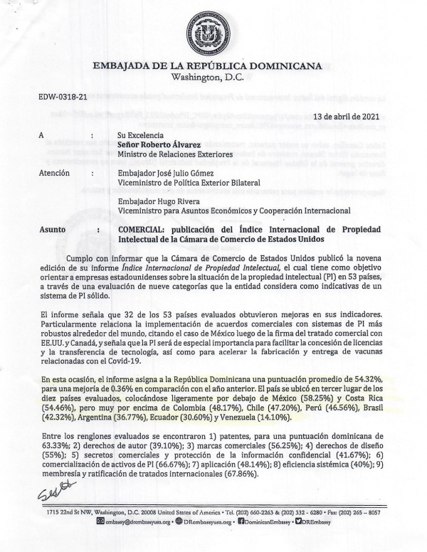 Cámara de Comercio de Estados Unidos posiciona en número 3 a la República Dominicana en respeto a propiedad intelectual